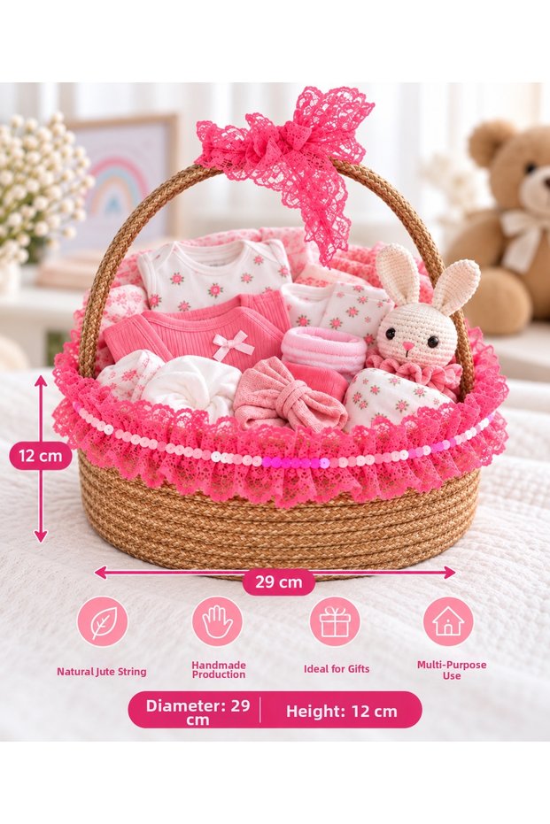 Handmade Jute Rope Baby Basket – Decorative Baby Gift Basket with Laces and Bows