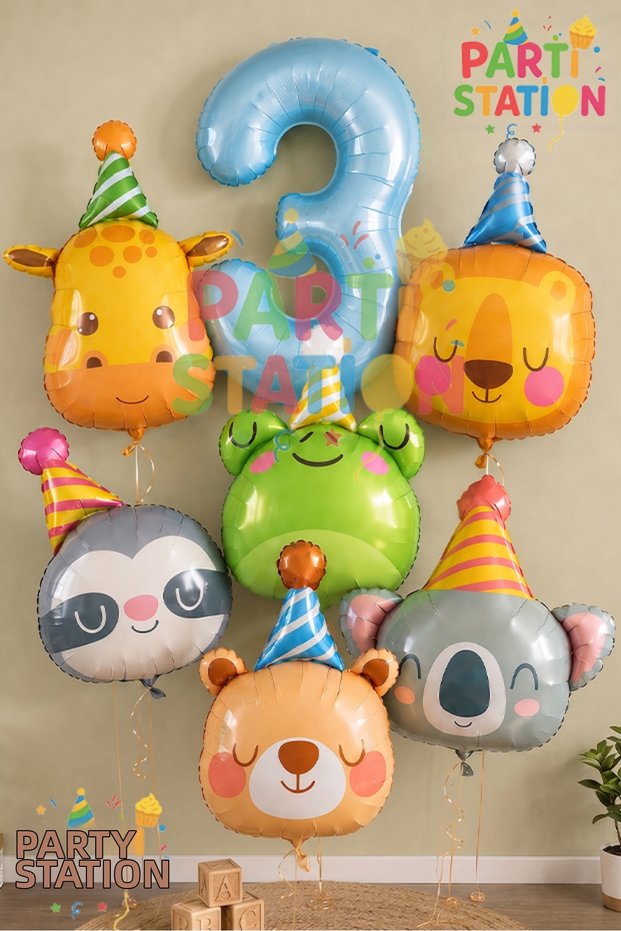 Safari Animals Concept 1 Year Old Blue Balloon Set 7 Piece Animal Balloon with Hat Birthday Set Lion Giraffe Frog Koala Bear Raccoon Balloon