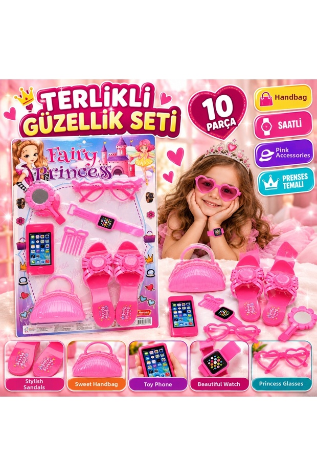 Girl's Beauty Set with Slippers 10 Piece Pink Accessory Set Toy Set with Bag and Clock