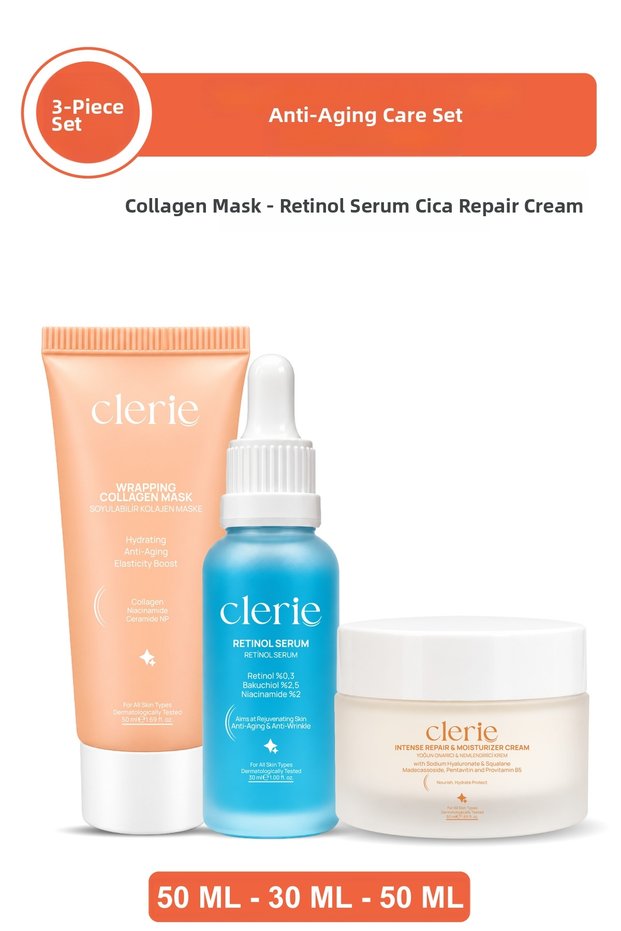 Set of 3 Retinol Serum, Cica Repair Cream and Collagen Mask Anti-Wrinkle Care Set