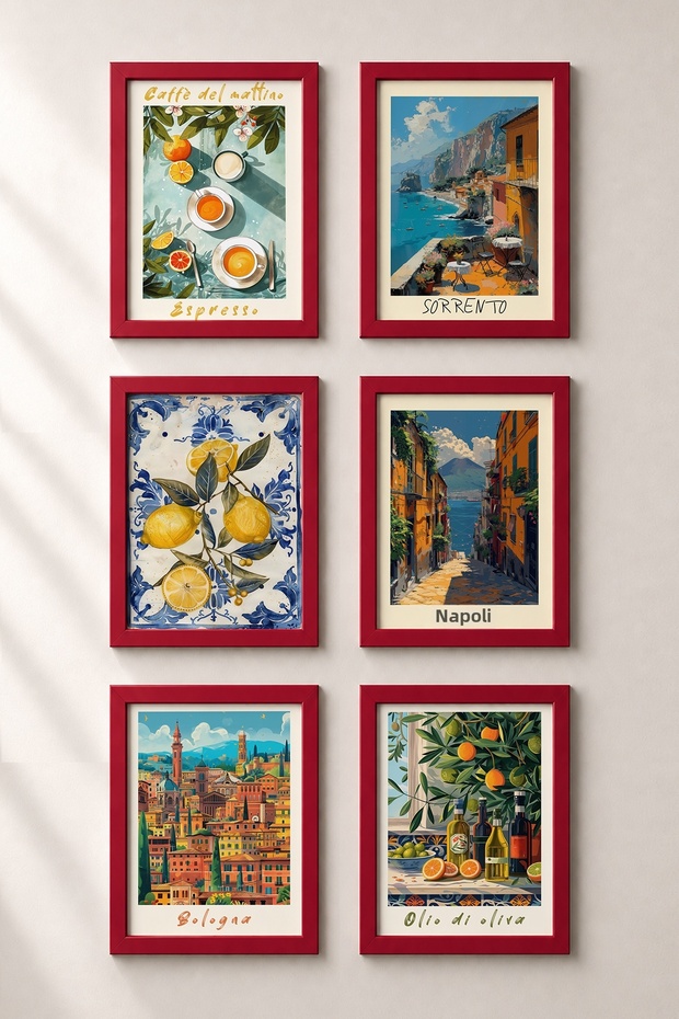 6 Piece Italian Taste Route Framed Painting Set Italy Posters Wall Decor Sixmx24