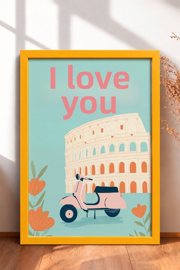 Ti Amo Written Colosseum and Classic Scooter Framed Painting Italy Poster Wall Decor Itn047