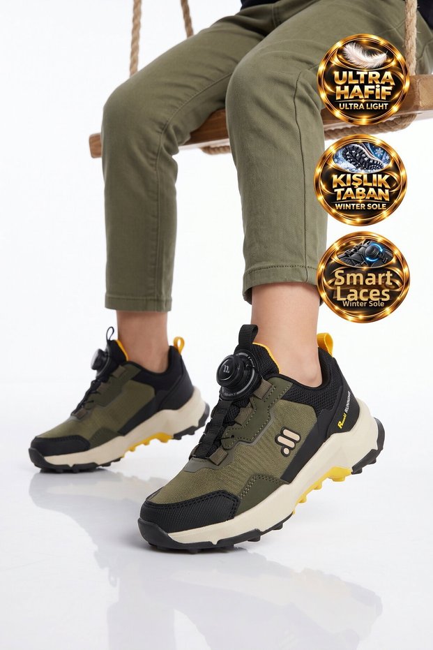 Smart Lace-Up Rubber Sole Khaki Boys' Outdoor Trekking Shoes Bs-İh1-P-240
