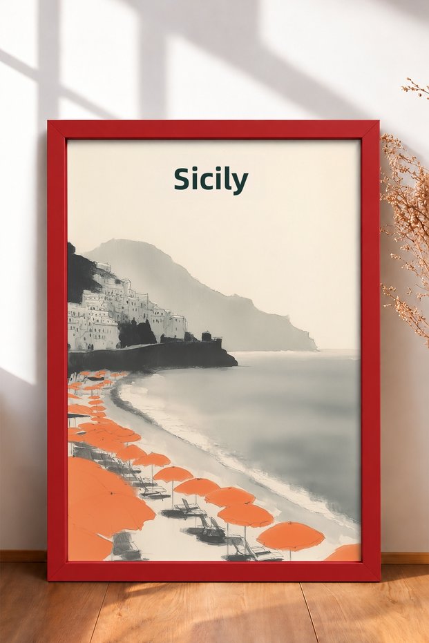 Orange Umbrellas on the Coast of Sicily Framed Painting Italy Poster Living Room Kitchen Wall Decor Itn054