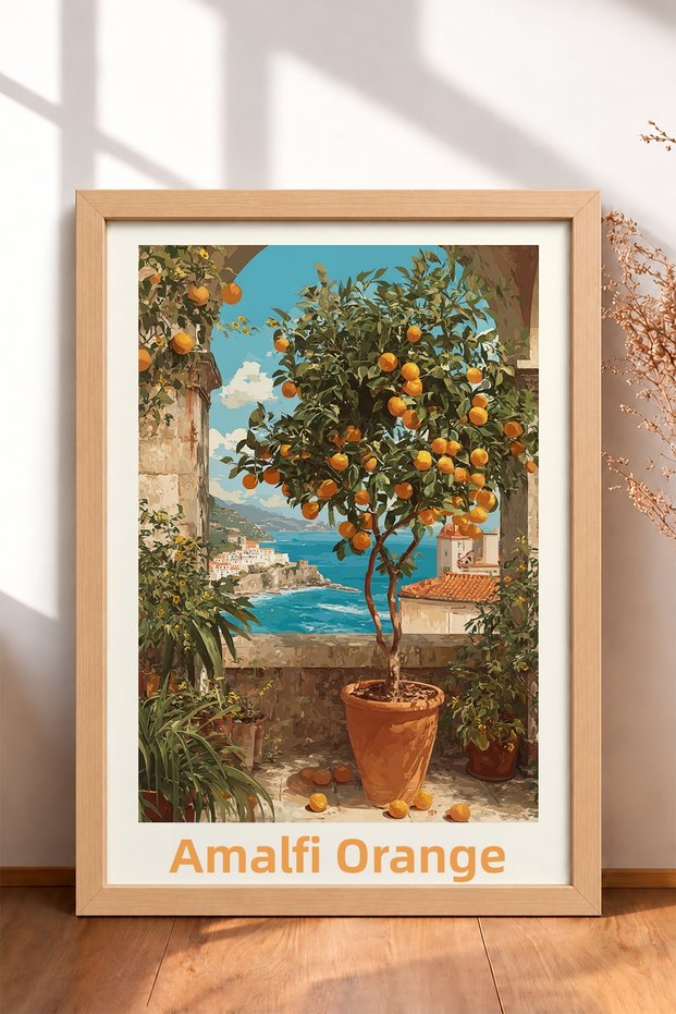 Arancia Di Amalfi Orange Tree in Pot Framed Painting Italy Poster Wall Decor Itn070