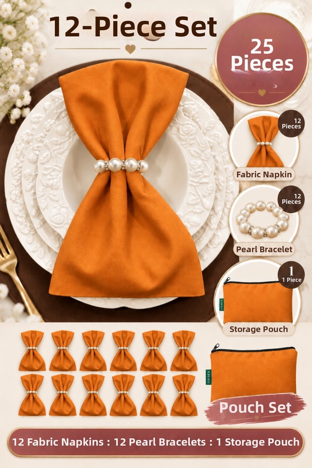 Mustard 12-Piece Fabric Napkin Set 45X45Cm | 25 Pieces with Pearl Ring and Bag | Guest House and Dowry Tableware Presentation Napkin