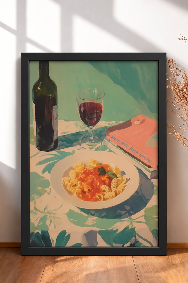 Pasta and Red Wine Table Framed Painting Italy Poster Living Room Kitchen Wall Decor Itn061