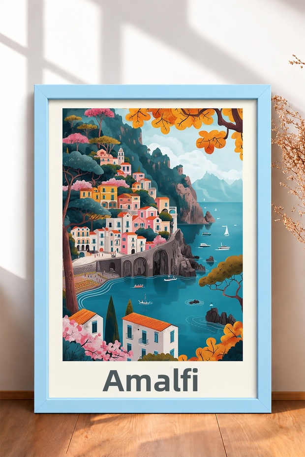 Amalfi Stone Bridge and Orange Leaves Framed Painting Italy Poster Wall Decor Itp006