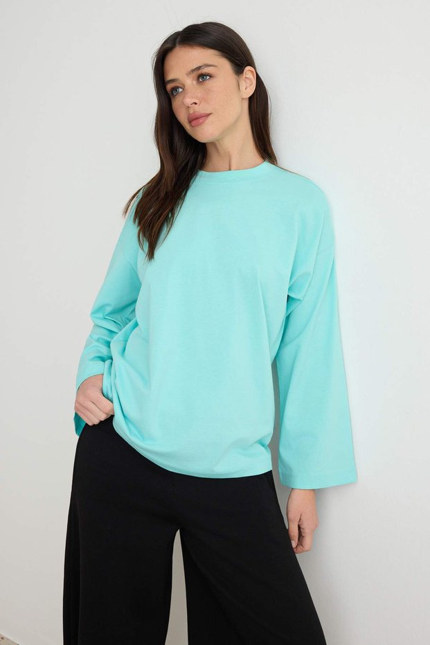 Turkuaz Oversize/Geniş Kalıp Bisiklet Yaka İspanyol Kol Örme T-Shirt TWOAW27TS00130