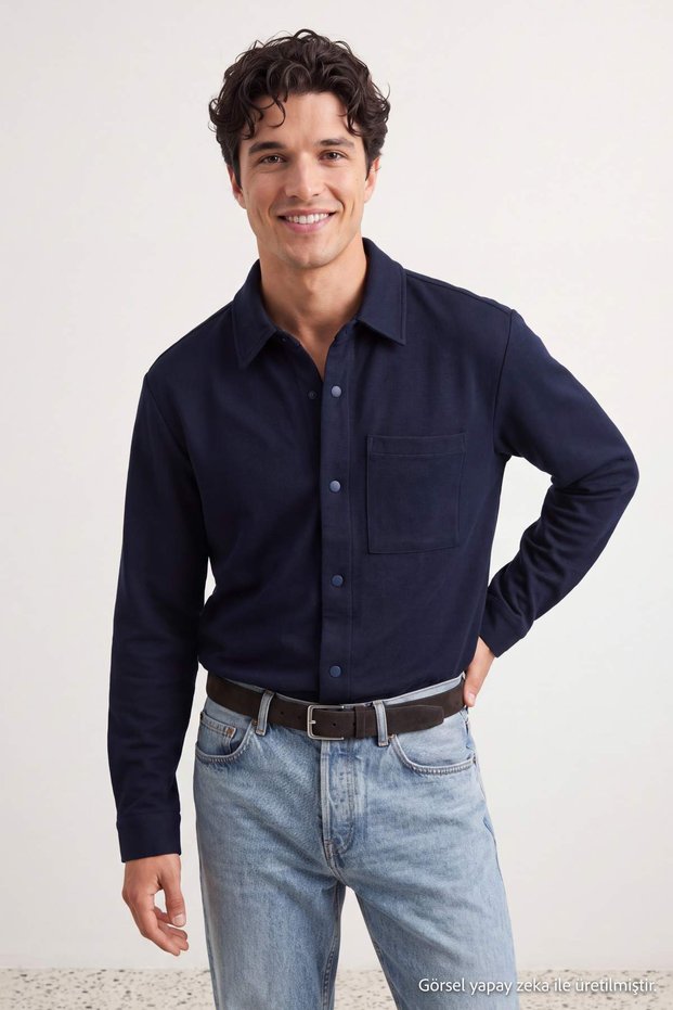 Navy Blue Oxford Regular Fit Pocket Detailed Lycra Men's Shirt Tmnaw27Go00037