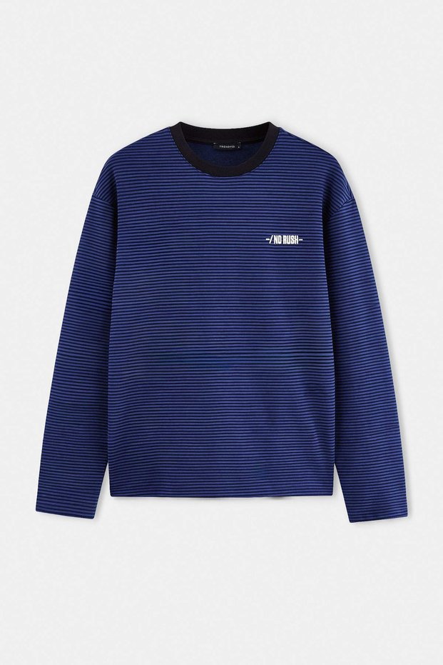 Navy Blue Oversize/Wide Cut Striped Interlock Long Sleeve Embroidered T-Shirt Tmnaw27Ts00013