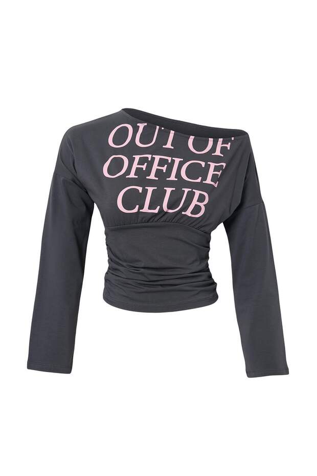 Anthracite Slogan Detailed Fitted Low Sleeve Crop/Short Cotton Knitted Blouse Twoaw27Bz00080