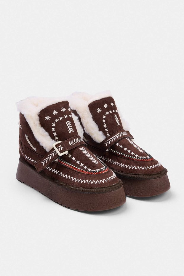 Dark Brown Embroidered Detailed Women's Boots with Fur Inside Takaw27Bo00006