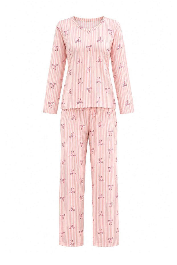 Pink Striped and Ribbon Bow Patterned Knitted Pajama Set Thmaw27Pt00291