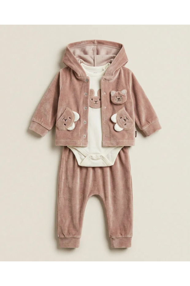 Teddy Bear Embroidered 3-Piece Baby Boy Set Velvet 100% Cotton Fabric 0-3 Months 3-6 Months 6-9 9-12 Months Baby Set Jacket+Zibın+Pajamas Newborn Baby Set 100% Cotton Winter Baby 3-Piece Set