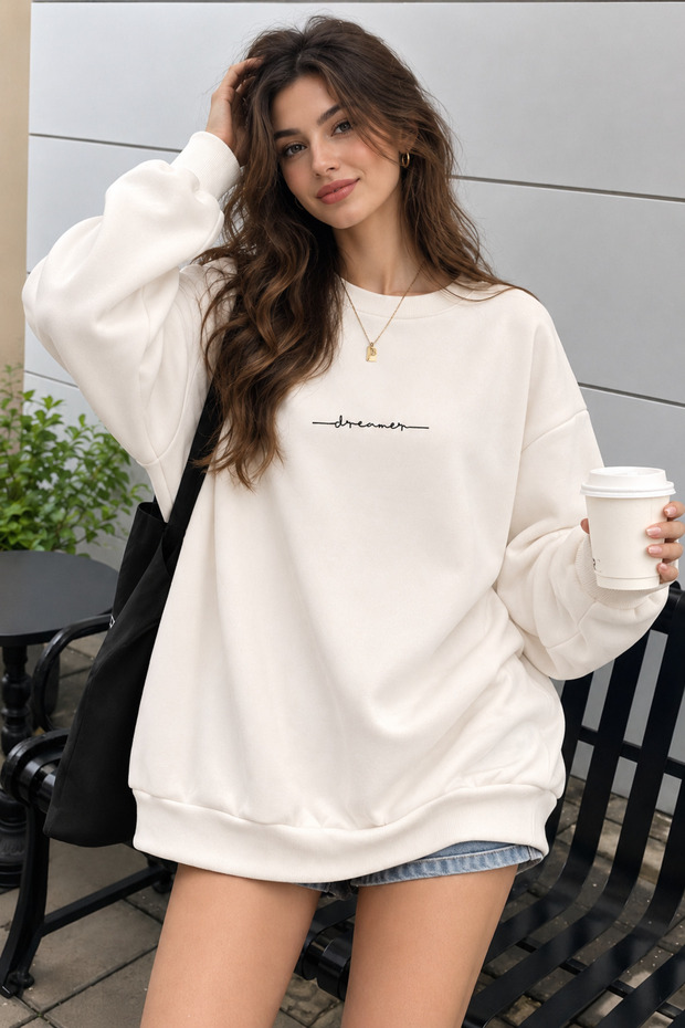 Women's Off-White Cream Ecru Dreamer Printed 0 Zero Neck Oversize Loose Fit Fleece Sweatshirt
