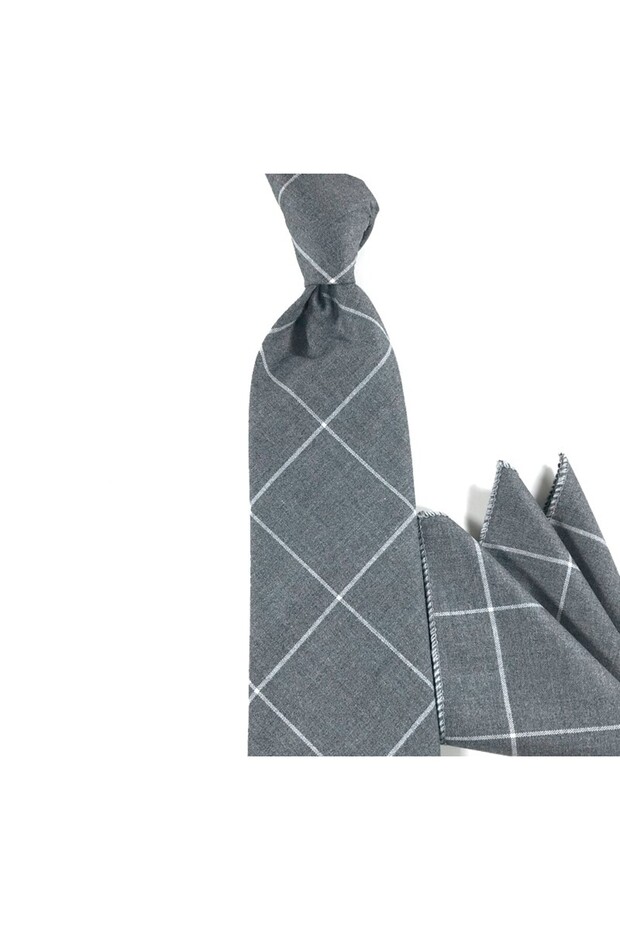Gray White Plaid Wool Tie with Handkerchief 27304 Gray