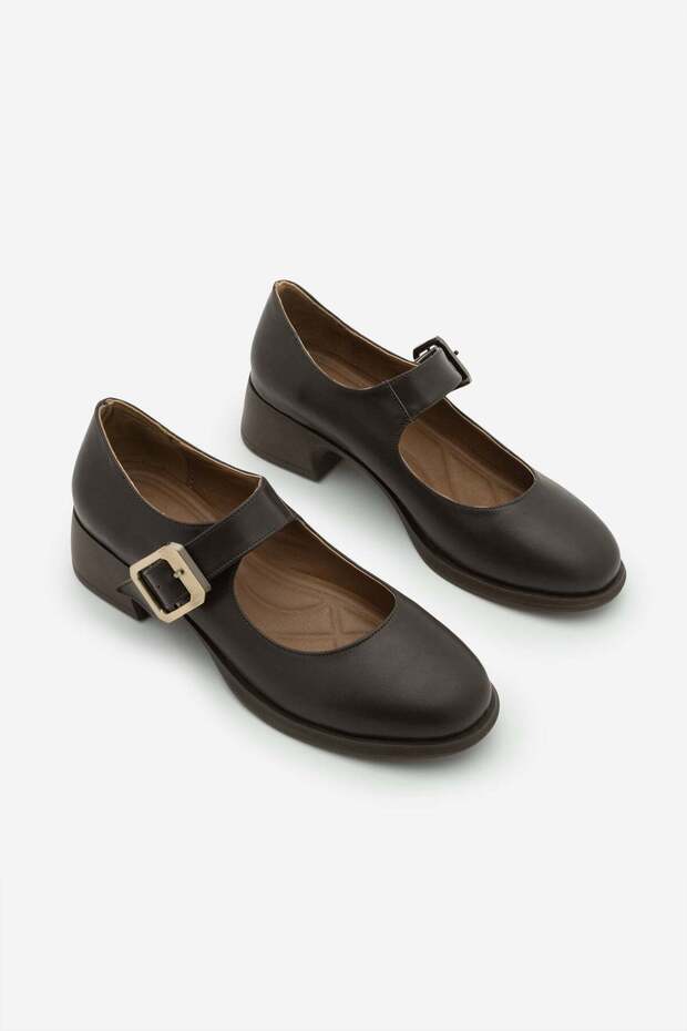 Women's Loafer Buckle Casual Thick Classic Heeled Shoes Meniz Brown