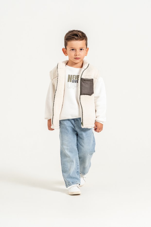 Boy's Pocket Detailed Plush Vest, Printed Sweatshirt and Jeans 3-Piece Set 8308 Wnt