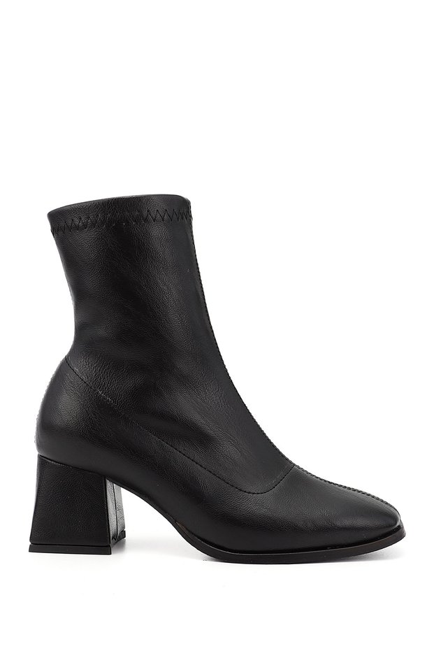 Women's Black Zippered Blunt Toe Thick Heeled Stretch Boots