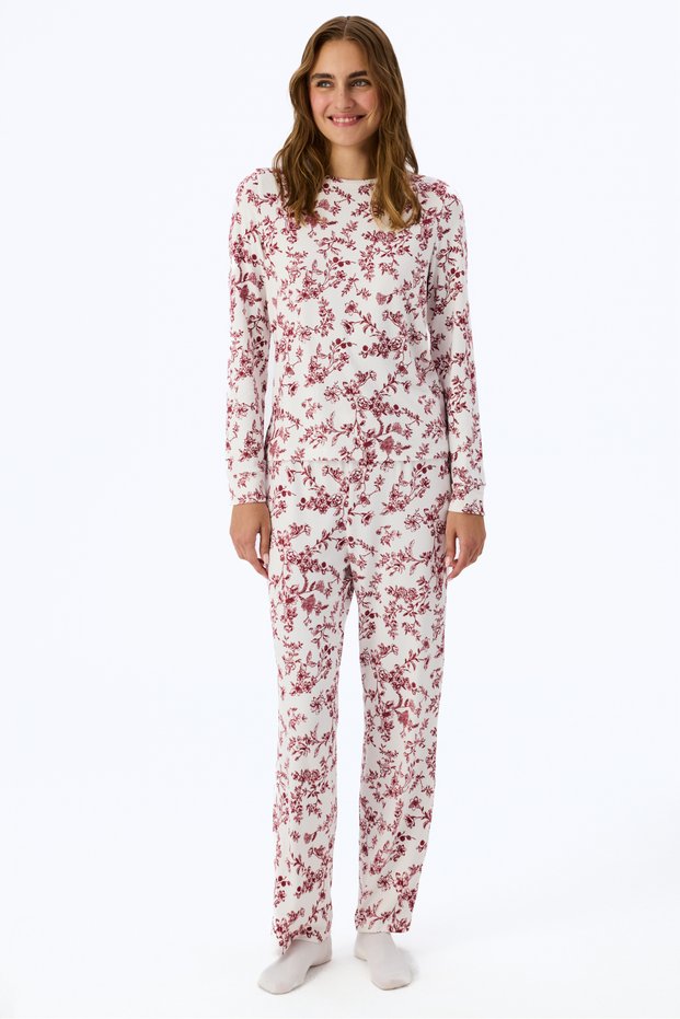 Off-White Comfortable Floral Long Sleeve Pants Pajama Set