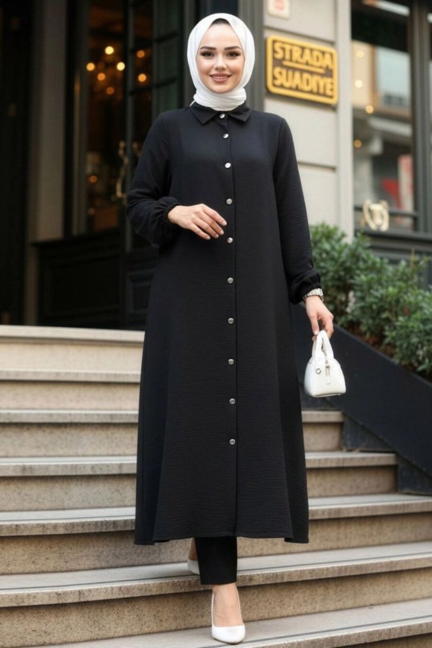 Buttoned Black Hijab Double Set 10101S