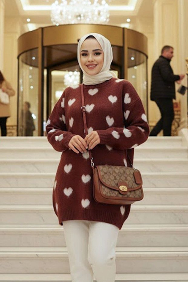 Heart Patterned Brown Hijab Knitwear Sweater Tunic 8688Kh