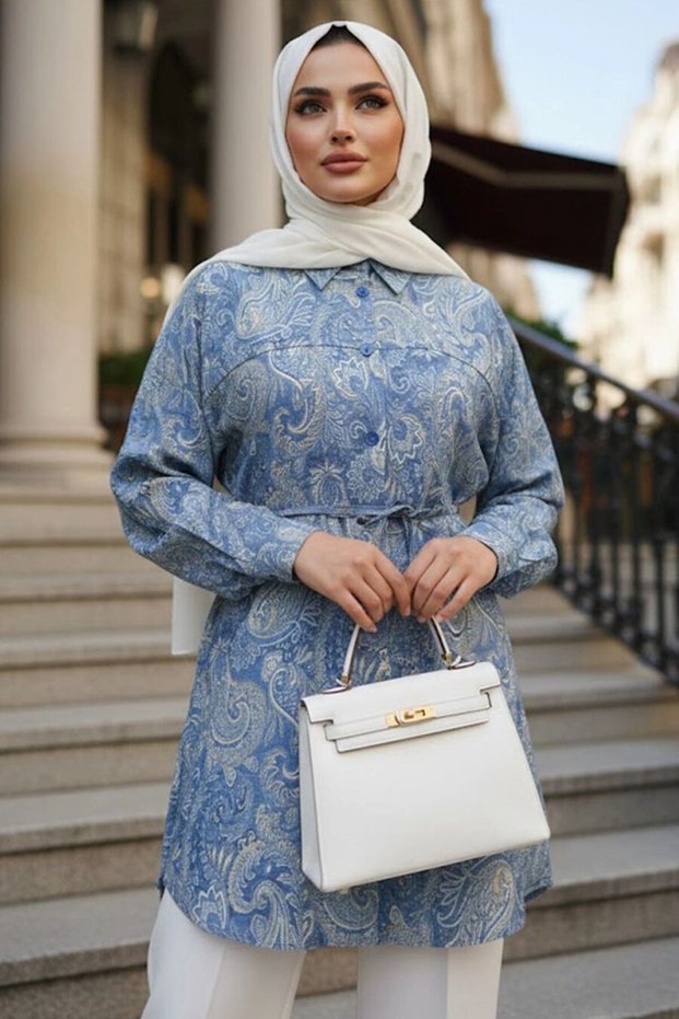 Patterned Dark Blue Modest Tunic 26609KM