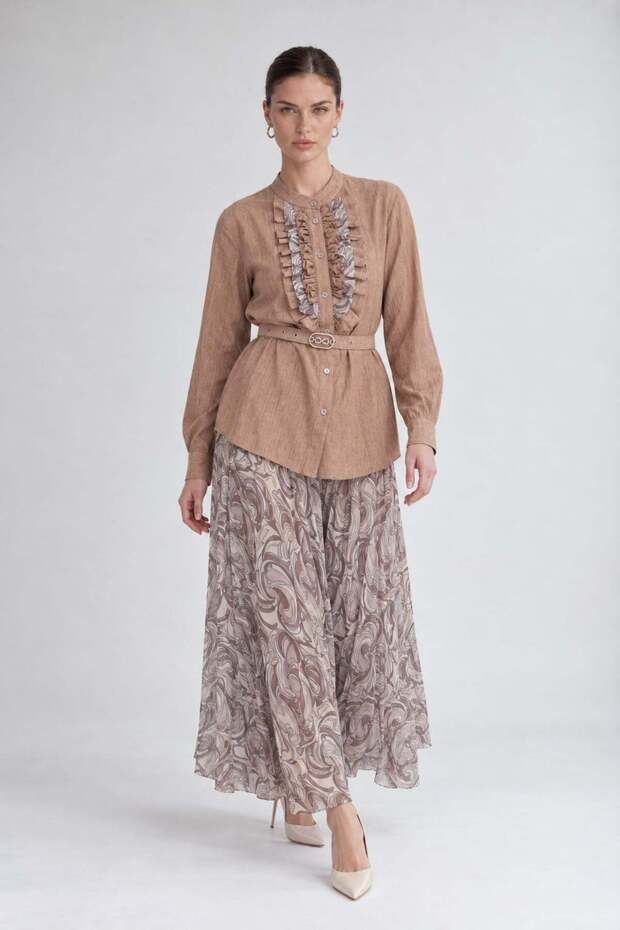Belt Detailed Pleated Skirt Set Mink