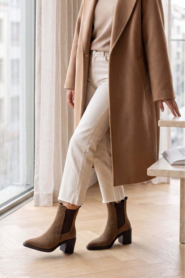 Women's Double Elastic Chelsea Heeled Boots Pisar Tobacco Brown Suede