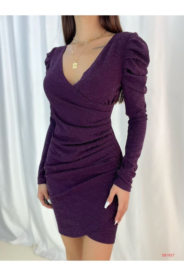 Women's Purple Lurex Princess Long Sleeve Double Breasted Collar Crepe Fabric Evening Dress 6D-2117