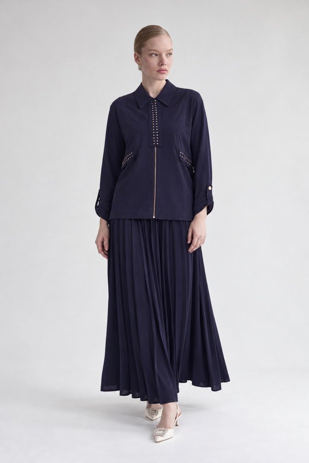Stone Collar Detail Pleated Skirt Set Navy Blue