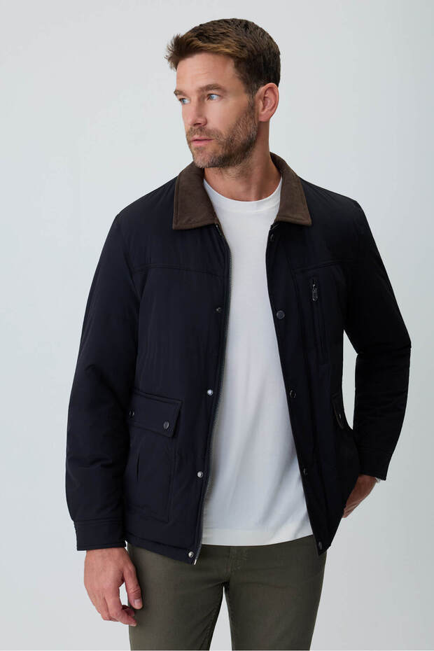 Men's Black Polyester Shirt Collar Short Filling Coat