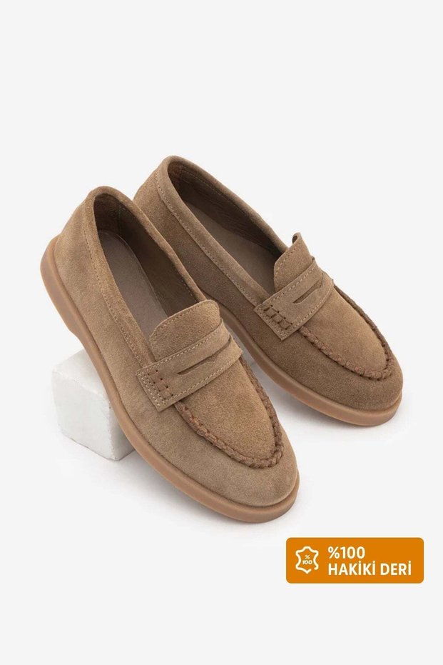 Women's Genuine Leather Rope Detailed Moccasin Loafer Casual Shoes Ginar Taba Suede