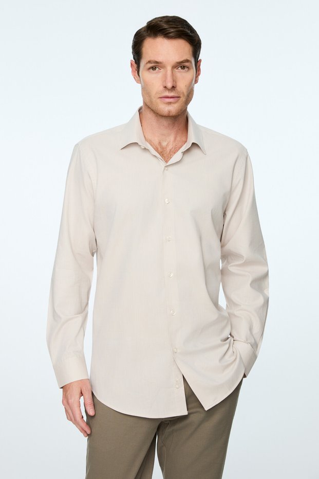 Men's Beige Basic Regular Fit Hard Collar Shirt