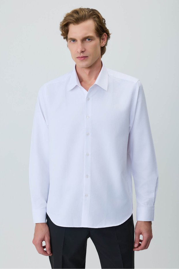 Men's White Polyester Trend Patterned Dynamic Fit Italian Collar Shirt