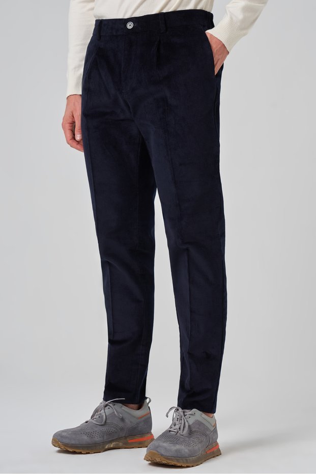 Men's Navy Blue Cotton Trend Corduroy Elastic Slim Fit Trousers