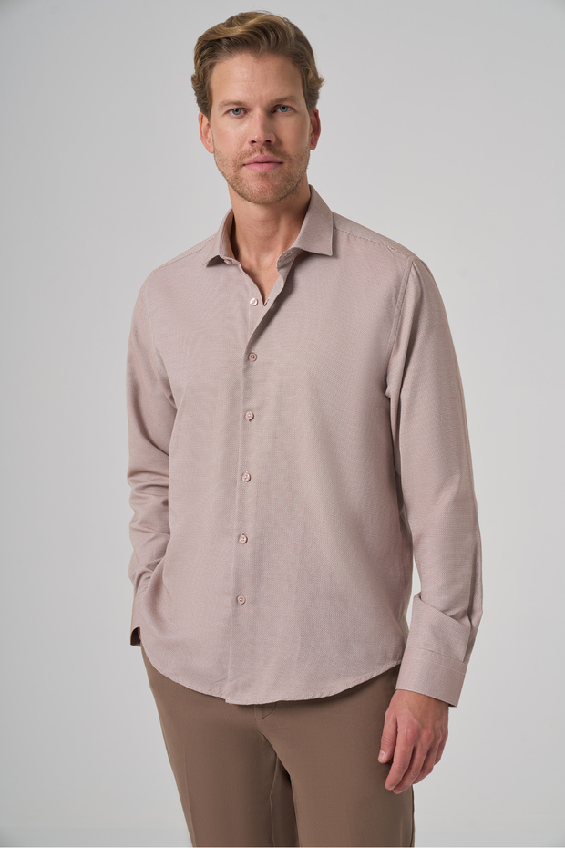 Men's Beige Polyester Trend Patterned Dynamic Fit Italian Collar Shirt
