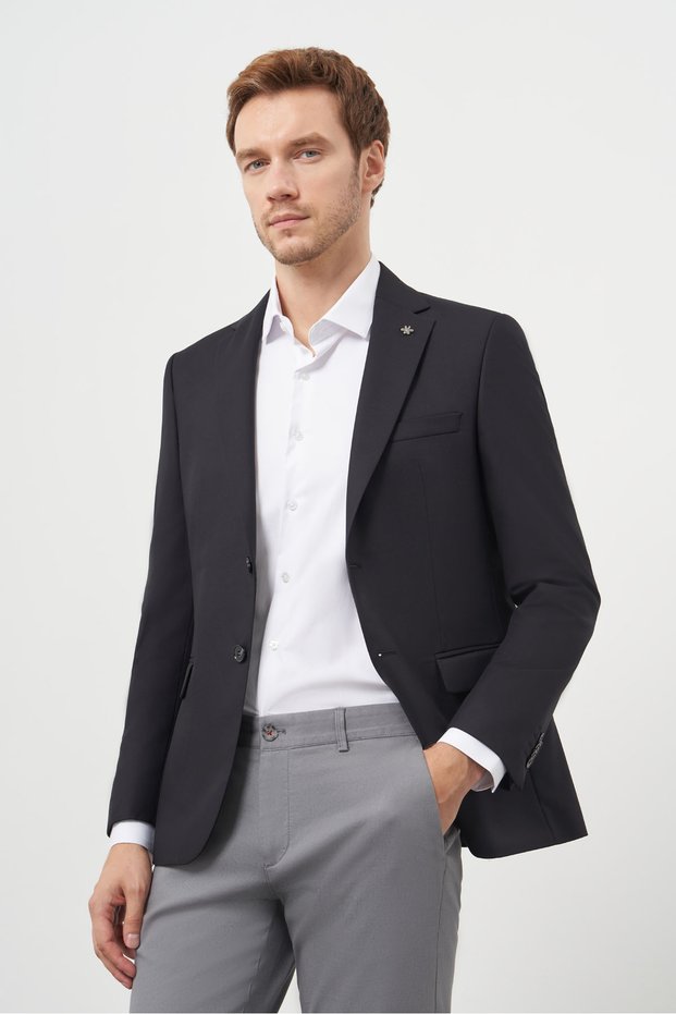Men's Black Polyviscose Slim Fit Mono Collar Classic Jacket