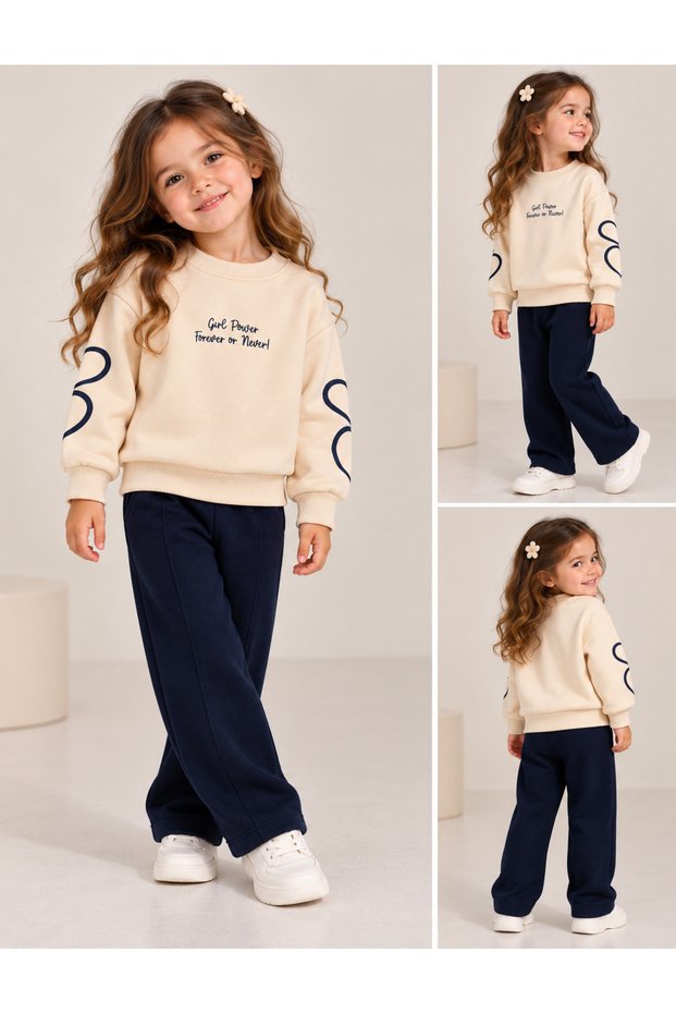 Simit Yaka Slogan Printed Sweatshirt/Ribbed Wide Leg Sweatpants 3-Piece Set
