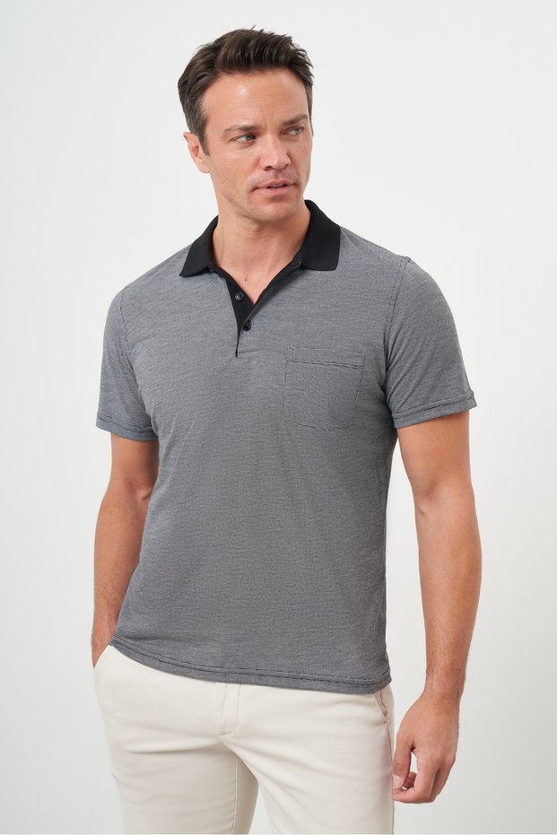 Men's Black Trend Pocket Polo Neck T-Shirt