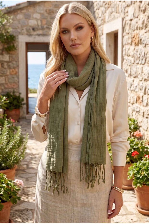 Women's Cotton Khaki Green Scarf |   45X190 cm