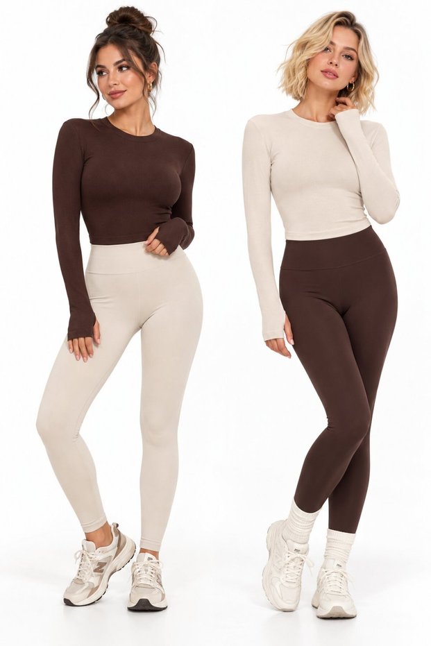 Brown-Beige Women's Crew Neck Finger-Loop Long Sleeve Body/Blouse - Pack of 2