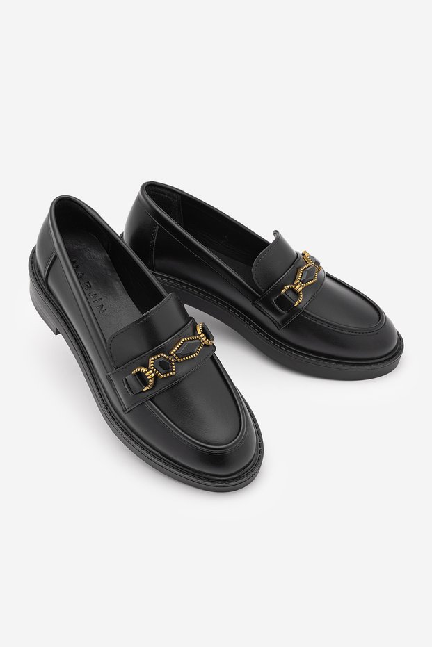 Women's Loafer Moccasin Buckle Stoned Classic Casual Shoes Egano Black