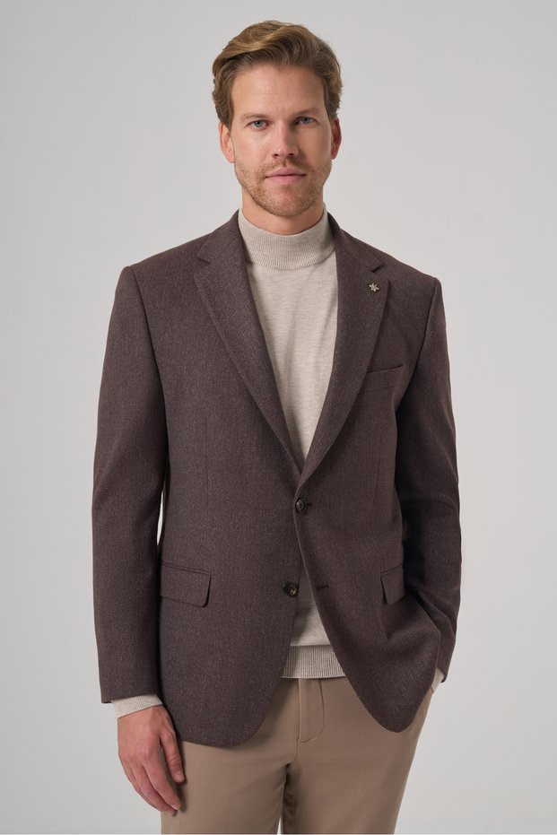 Men's Brown Polyviscon Woven Patterned Dynamic Fit Mono Collar Jacket
