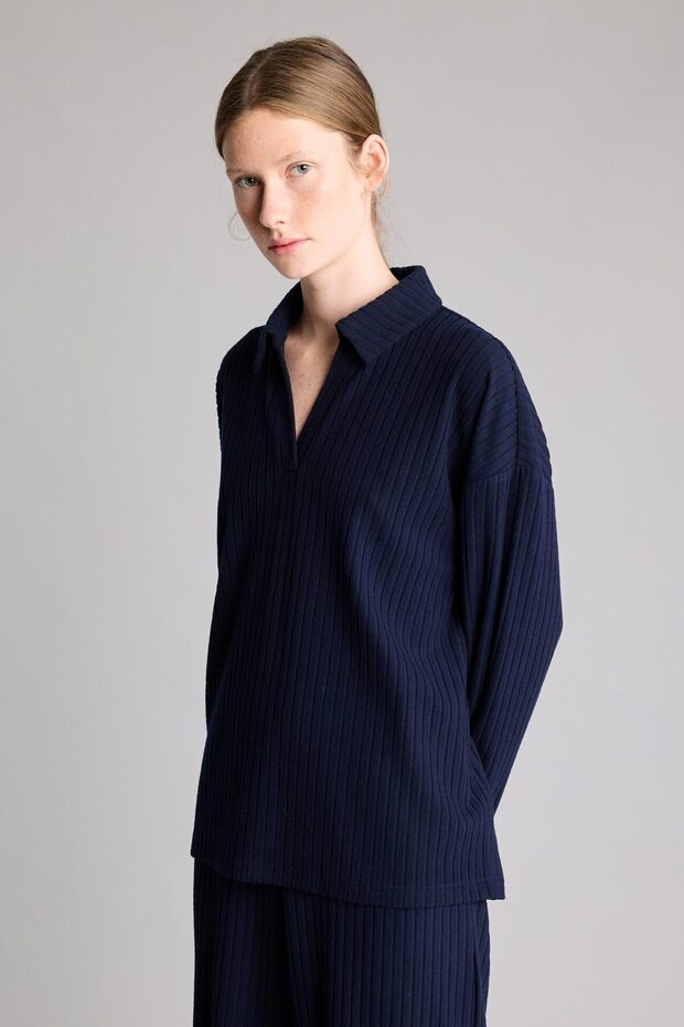 Relax Fit Polo Collar Ribbed Camisole Long Sleeve Basic T-Shirt F1007Ax25Au