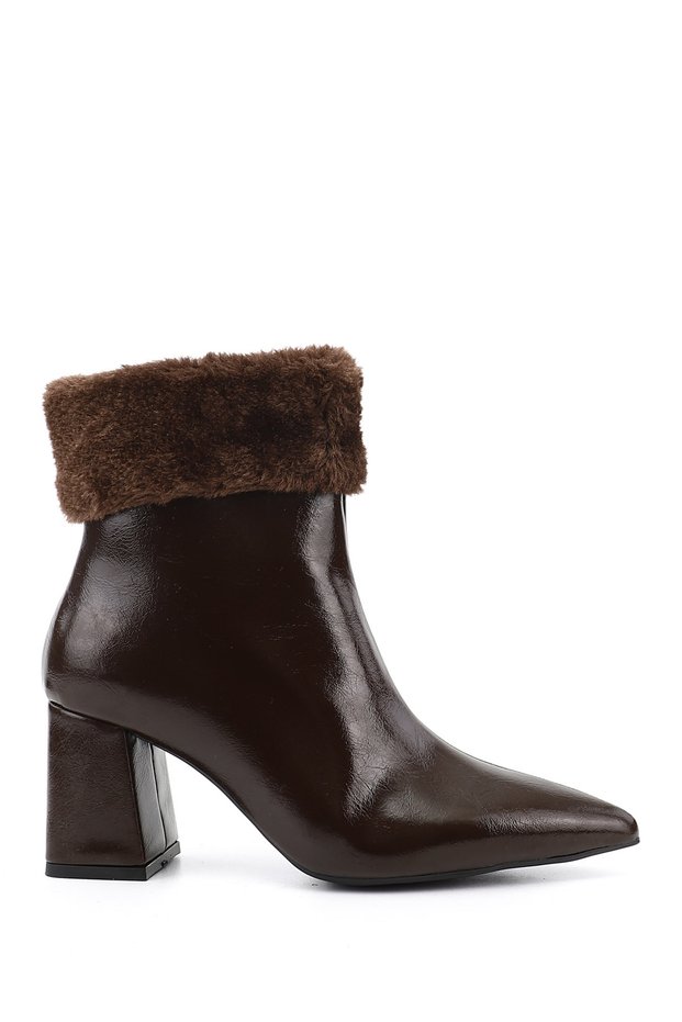 Women's Brown Patent Leather Zippered Thick Heeled Boots