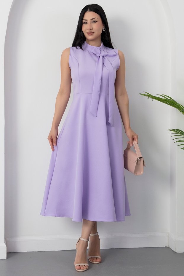 High Collar Dress with Ribbon on the Collar Midi Length Dress Esp058