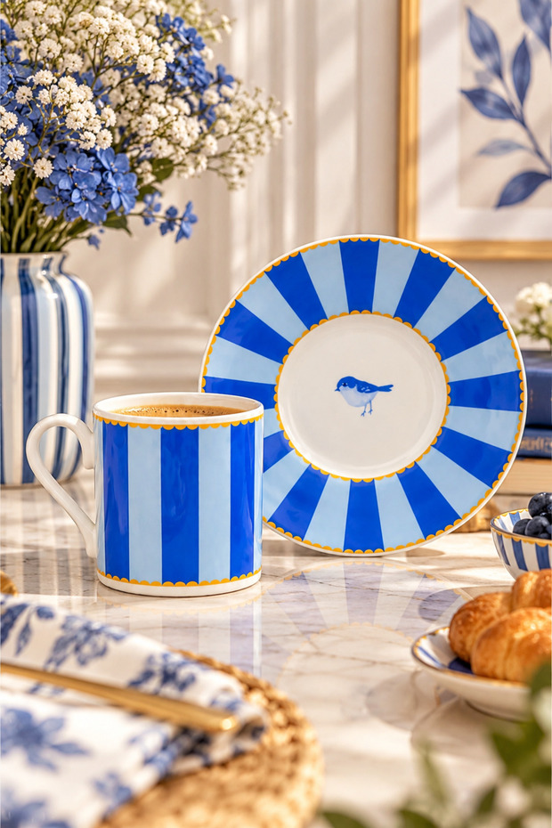 2-Person Porcelain Gilded Lovely Birds Special Design Coffee Cup Set with Bird Motif 90 ml
