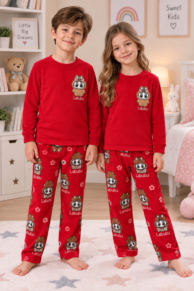 Girls-Boys Red Character Patterned Fleece Cycling Winter Pajama Set